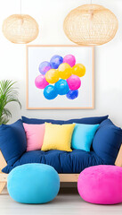 Colorful abstract art above comfy couch in bright room
