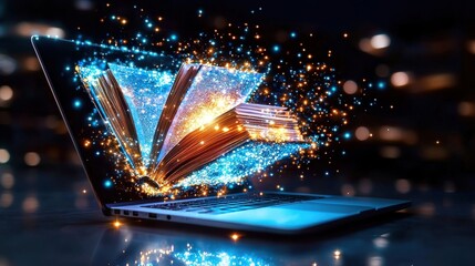 Magical laptop emanating sparkling light and glittering energy illuminating the open pages of a book and radiating a sense of creativity knowledge