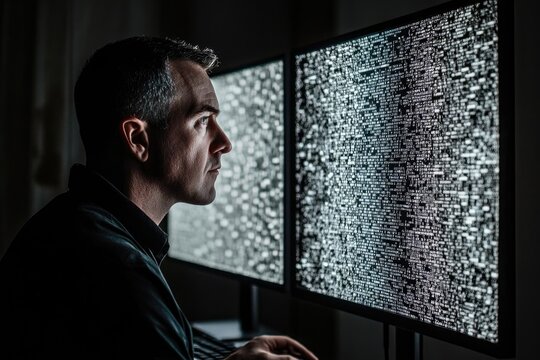 A man intently studies lines of code displayed on two large monitors, deeply engrossed in programming or cybersecurity.