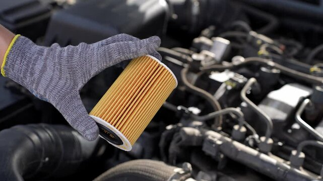 Man in cotton gloves holding paper oil filter for diesel cars against background of car engine compartment, close-up. Auto parts replacement concept, car oil and oil filter replacement