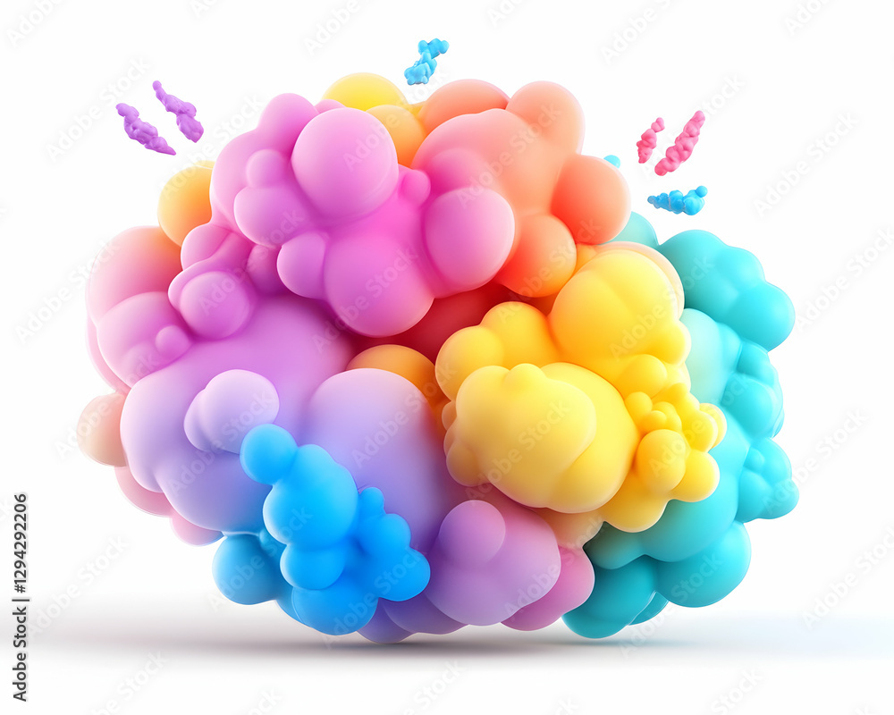 Poster colorful bubble cluster exploding on white background