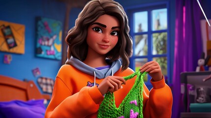 A white teen crocheting a small scarf Realistic 3D cartoon style illustration.