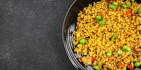 boulgur quinoa dish with vegetables vegetarian dish vegetable food fresh tasty food dish delicious gourmet food background on the table rustic food top view copy space keto and paleo diet