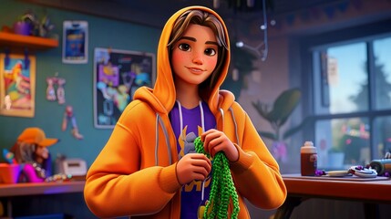 A white teen crocheting a small scarf Realistic 3D cartoon style illustration.