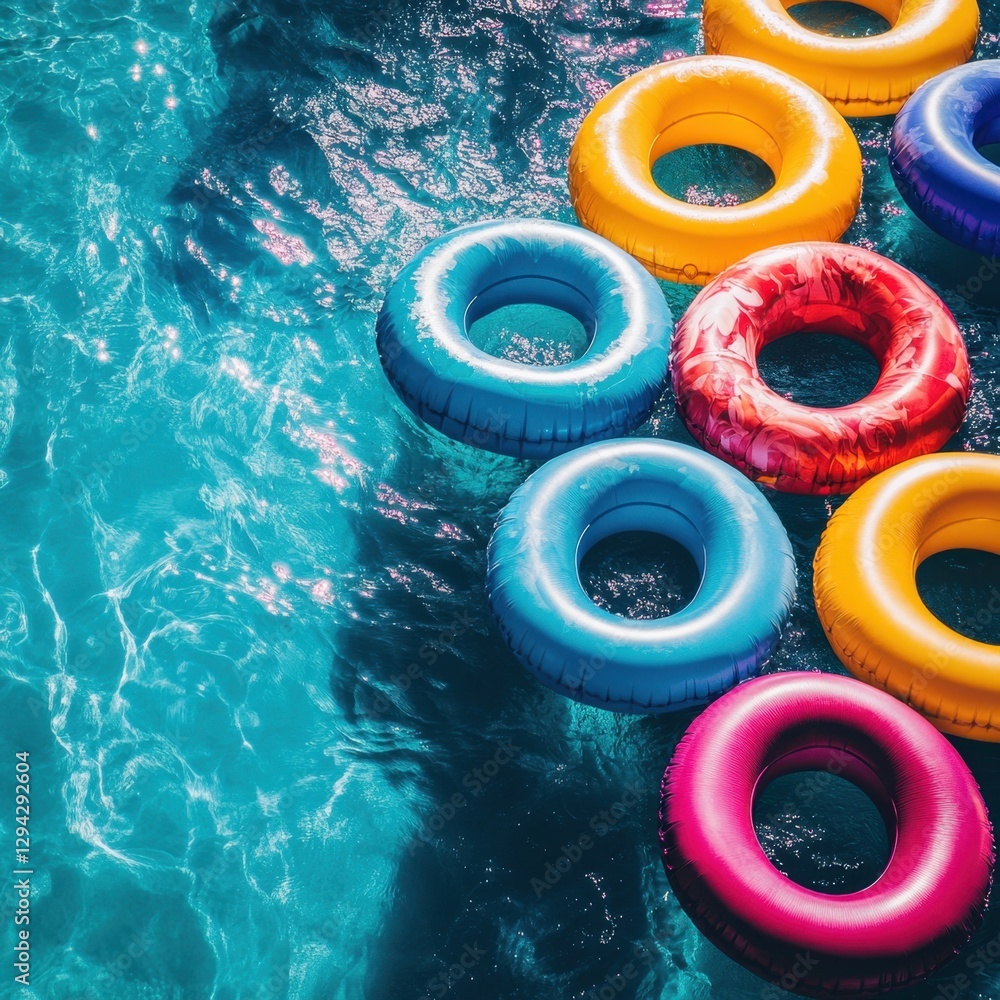 Poster vibrant summer day with colorful inflatable rings floating in crystal clear blue water creating a pl