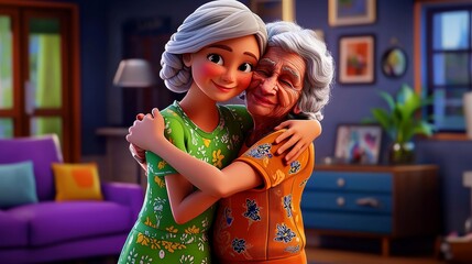 A white girl hugging her grandmother Realistic 3D cartoon style illustration.
