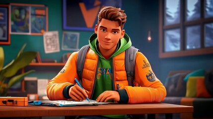 A white teen practicing in a gratitude journal Realistic 3D cartoon style illustration.