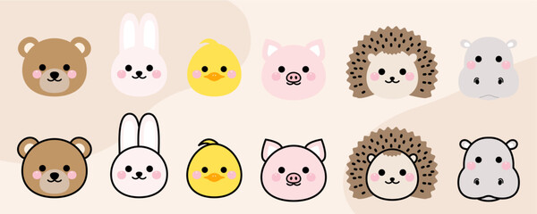 귀엽고 사랑스러운 동물들 얼굴 일러스트