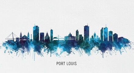 Obraz premium Port louis skyline silhouette with artistic blue and green watercolor splashes