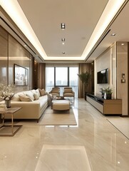 Modern living room displaying sleek luxurious furniture and architecture