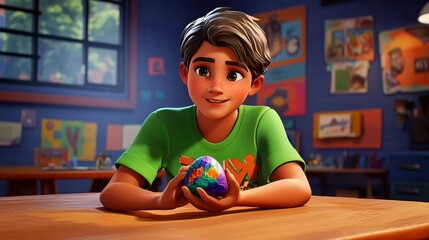 A white child painting a rock Realistic 3D cartoon style illustration.