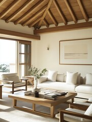 Obraz premium Cozy living room with exposed wood ceiling and furniture