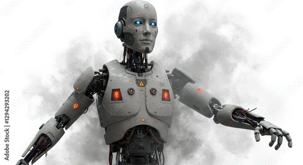 Poster futuristic robot with smoke background showcasing advanced technology and artificial intelligence