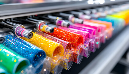 Colorful glitter rolls in industrial printing machine