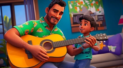 A Latino father guiding his child in simple guitar chords Realistic 3D cartoon style illustration.