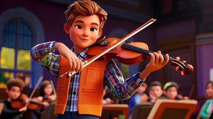 A white child playing violin in a school orchestra Realistic 3D cartoon style illustration.