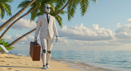 Robot in suit walking on tropical beach with suitcase under palm trees