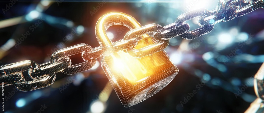 Aufkleber glowing chrome digital lock with golden chain on dark background concept of data security privacy an