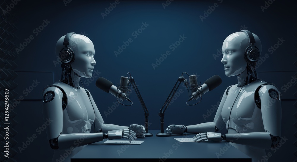 Poster futuristic podcast discussion with robots in a high-tech studio setting