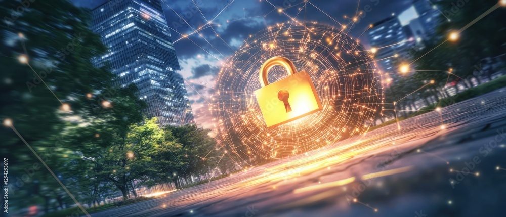 Poster glowing digital lock icon and cyber security concept with abstract technology background of futurist