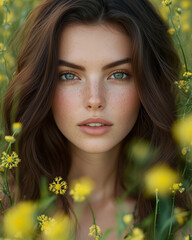 Naklejka premium Feminine portrait amidst vibrant coltsfoot flowers in springtime wonder