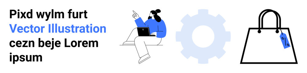 Woman holding a laptop, pointing ahead confidently, sitting beside a large gear and a shopping bag with a price tag. Ideal for e-commerce, technology, innovation, digital solutions, teamwork, online