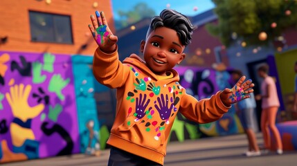 A Black toddler painting a wall mural in a community event Realistic 3D cartoon style illustration.