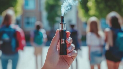 Hand holds vape device in front of students at school during a busy day