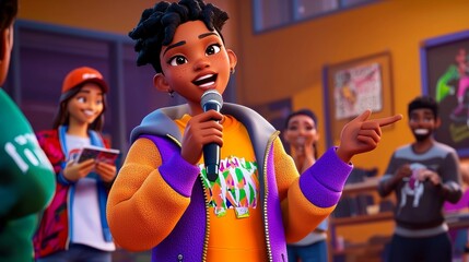A Black teen hosting a poetry slam at the library Realistic 3D cartoon style illustration.