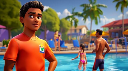 A Latino teen volunteering as a lifeguard assistant Realistic 3D cartoon style illustration.