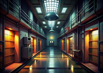 Fototapeta premium Prison Surveillance: Three Intersecting Corridors Viewed from Central Control