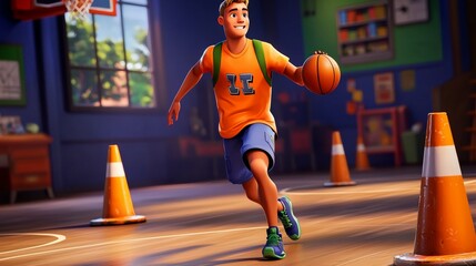 A white teen practicing basketball drills after school Realistic 3D cartoon style illustration.