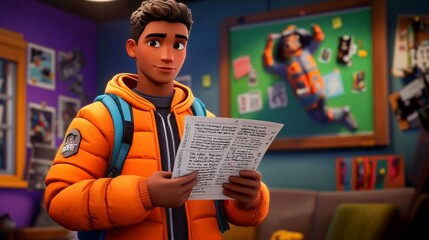 A white teen editing the school newspaper Realistic 3D cartoon style illustration.