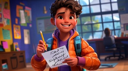 A white child mastering cursive signatures on worksheets Realistic 3D cartoon style illustration.