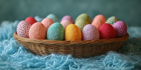 Colorful decorative eggs displayed in a woven basket on a soft blue surface during the spring...