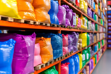 Colorful powder bags stored on warehouse shelves