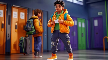 A white child memorizing a short poem for language arts Realistic 3D cartoon style illustration.