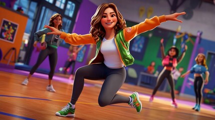 A white teen practicing cheerleading moves after class Realistic 3D cartoon style illustration.