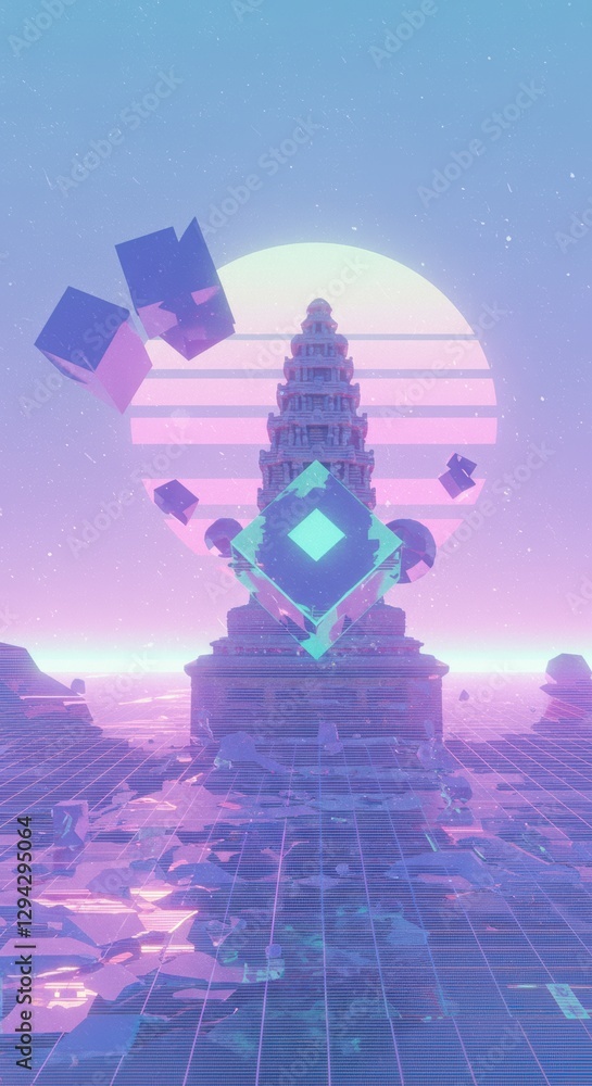 Poster surreal geometric temple with floating cubes and neon sunset in retro futuristic style