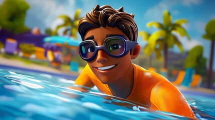 A white teen learning freestyle swimming strokes Realistic 3D cartoon style illustration.
