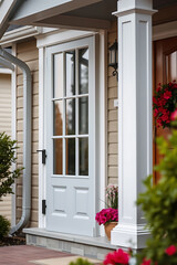 Elegant Home Entrance with Grey Front Door and White Columns. Beautiful Exterior Design and Landscaping. Real Estate Photography