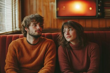 A young couple sits on a red couch, lost in thought, in a vintage setting.