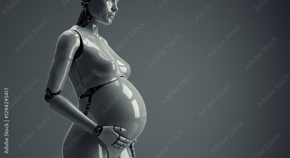 Poster futuristic pregnant robot in profile view embracing ai and technology in modern life