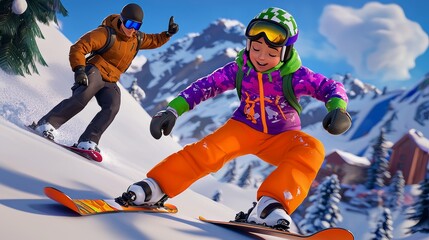 A white child skiing down a gentle slope for the first time Realistic 3D cartoon style illustration.