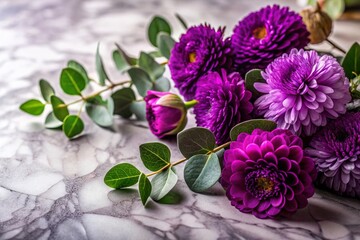 Fototapeta premium Purple Flowers & Eucalyptus Leaves on Marble - Low Light Still Life Photography
