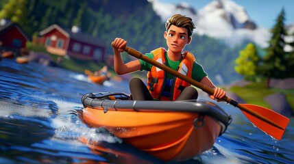 A white teen rowing in a small scull boat on a calm lake Realistic 3D cartoon style illustration.