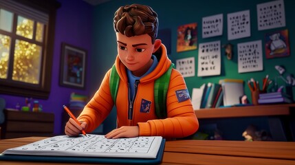 A white child tracing letters for handwriting practice Realistic 3D cartoon style illustration.