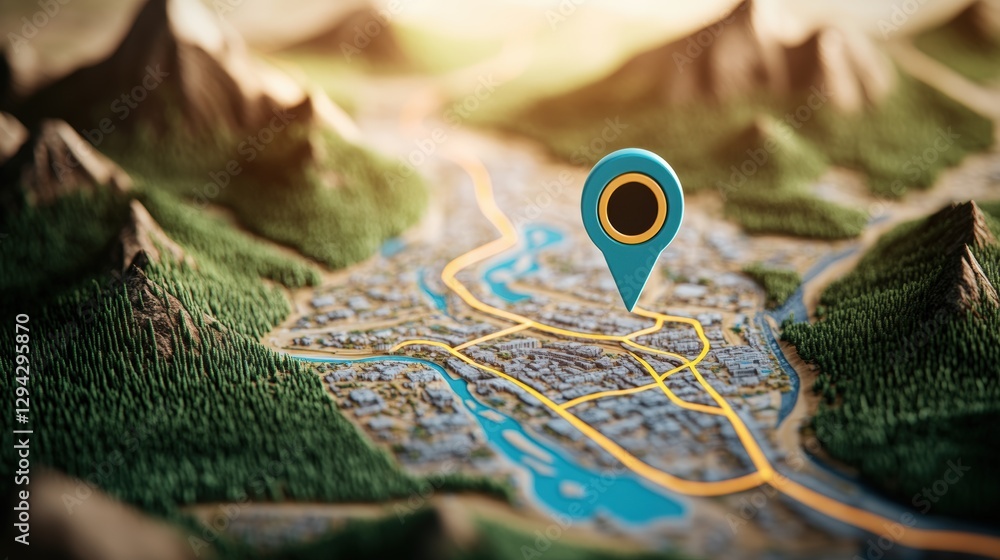 Poster map with pin and 3d-rendered marker highlighting location on physical map in high fidelity detail