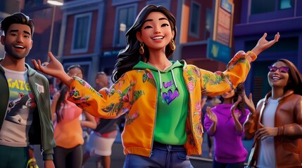 An Asian teen mastering breakdance power moves on a gym floor Realistic 3D cartoon style illustration.