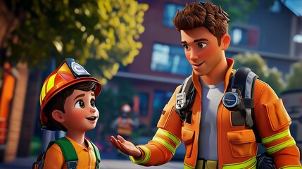 A white child learning about fire safety with a firefighter Realistic 3D cartoon style illustration.